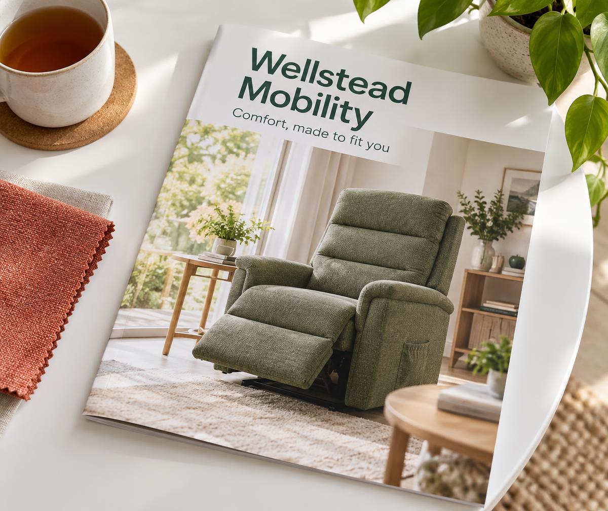 Wellstead Mobility brochure with a reclining chair on its cover, next to tea and fabric samples