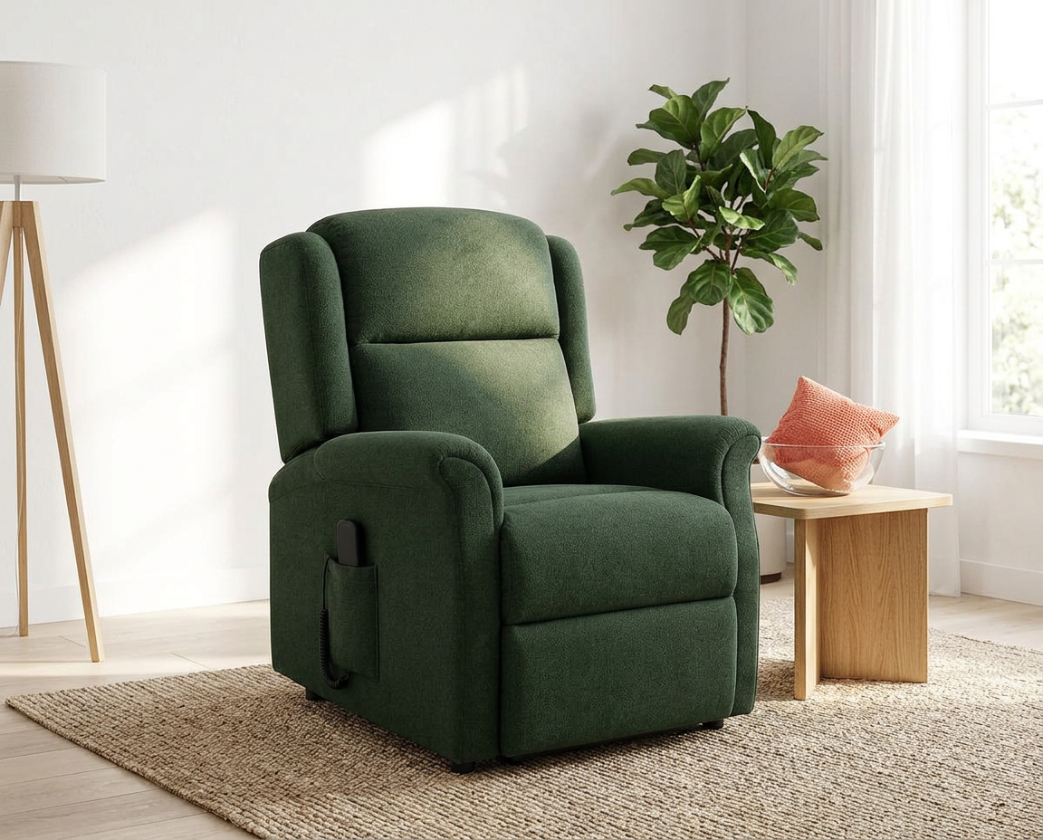 The Ardoch rise and recline armchair in deep green fabric, shown from a three-quarter angle