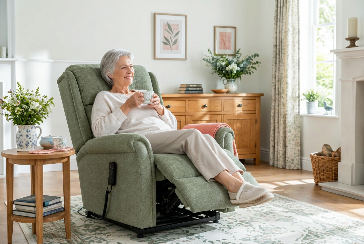A woman relaxes in a reclining armchair in a warm, traditional living room