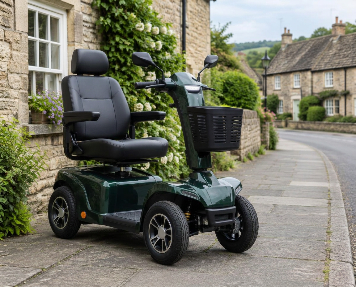 The Rannoch mobility scooter in dark green, parked on a village pavement